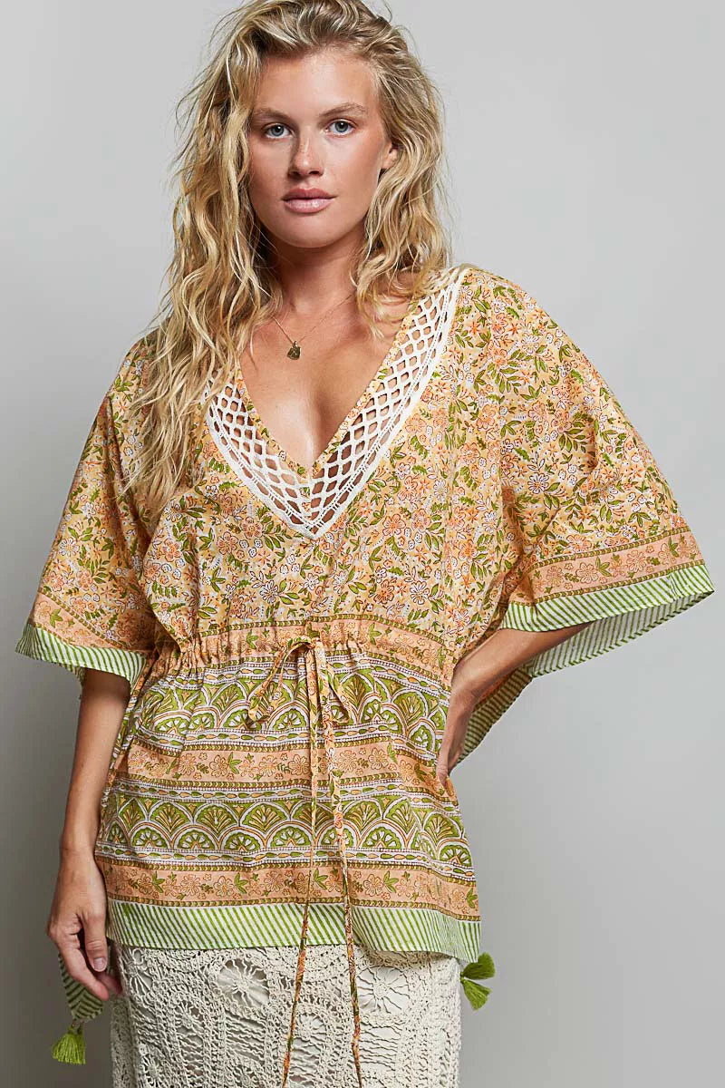 Coral floral V-neck blouse with tie waist, loose kimono sleeves, striped borders