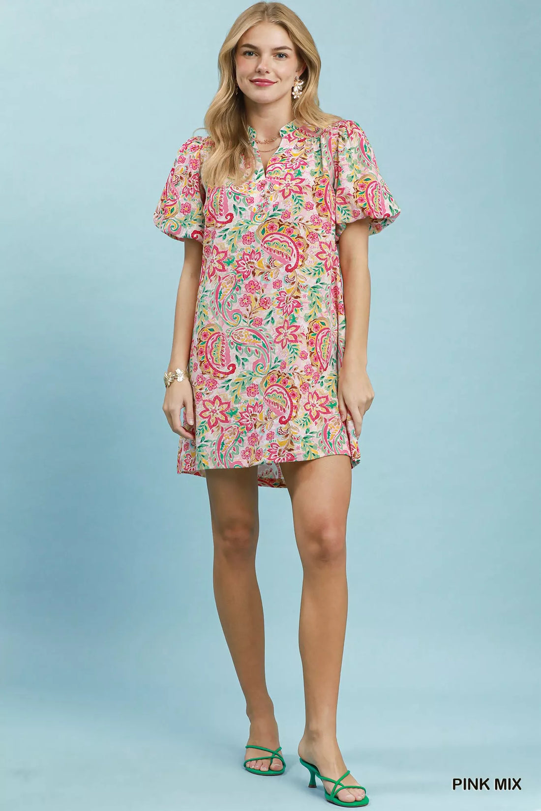 Pink mix paisley floral shift dress with puff sleeves and straight short hem