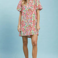 Pink mix paisley floral shift dress with puff sleeves and straight short hem