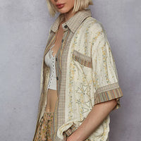 Cream patchwork short-sleeve button-down shirt with point collar and patterned short sleeve