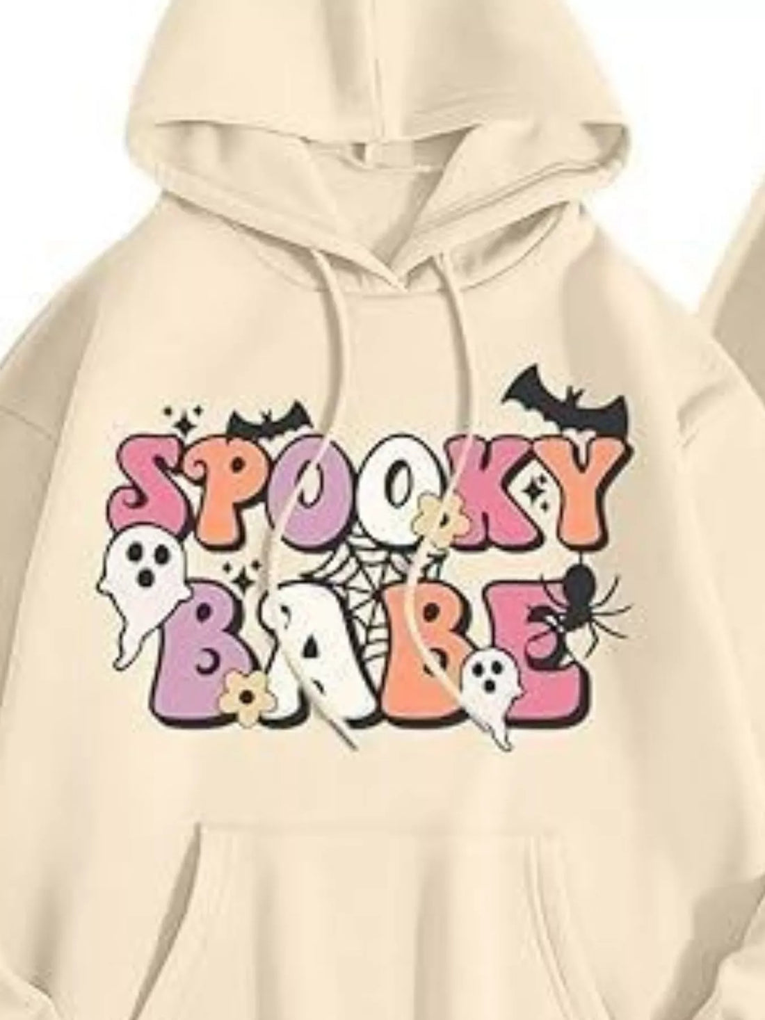 Plus-size Halloween graphic hoodie in pastel yellow with cute cartoon front Spooky Baby design