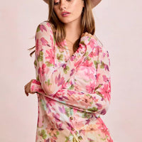 Floral mesh button-up cardigan top in pink multi with V-neck, buttons, and long sleeves