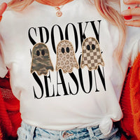 Women's white T-shirt with 'Spooky Season' ghost trio graphic, crew neck