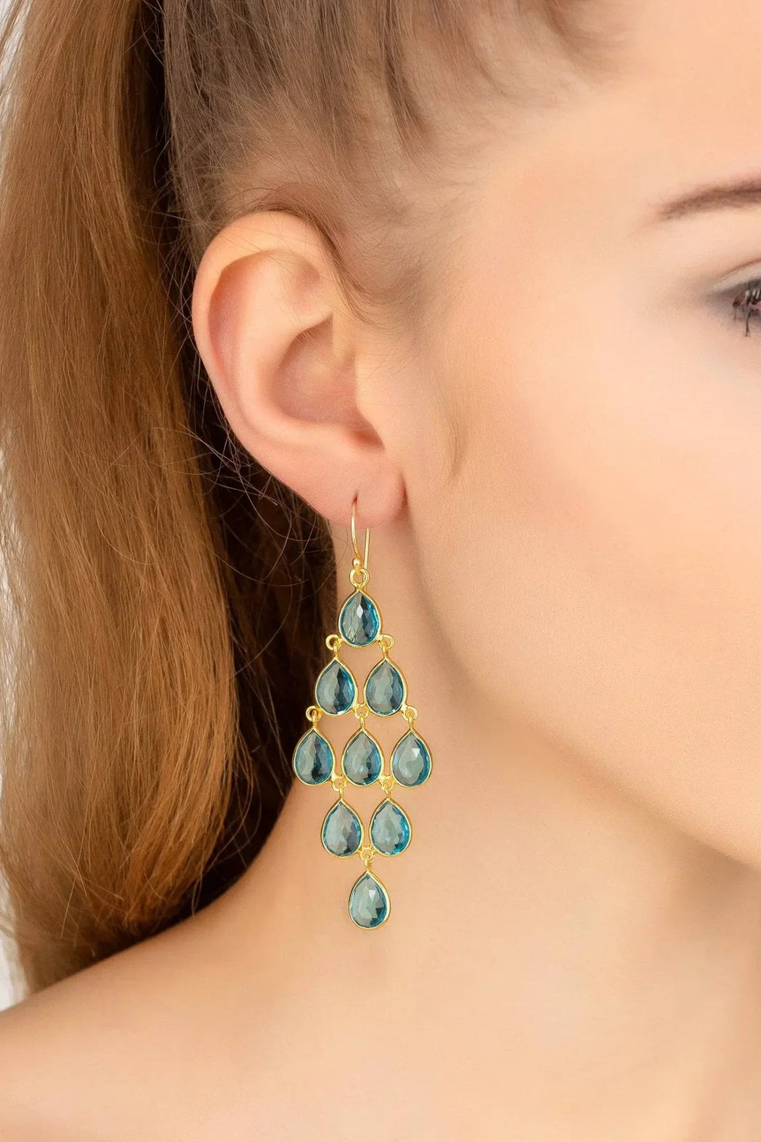 Erviola Gemstone Cascade Earrings Gold Blue Topaz-1