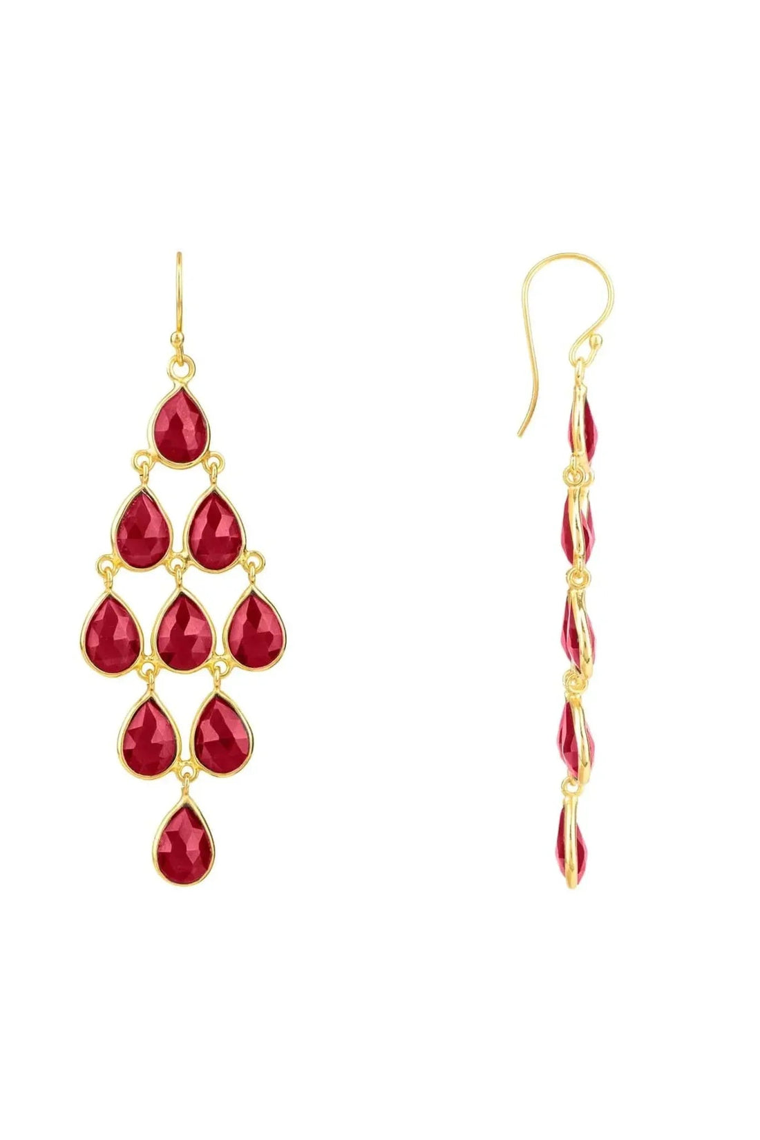 Gold-tone gemstone dangle earrings with red teardrop garnet drops