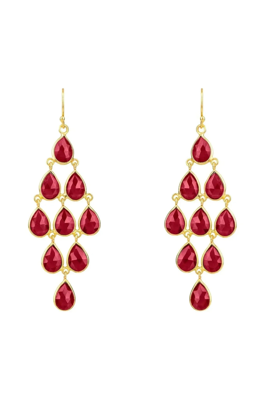 Gold-tone gemstone cascade earrings with red teardrop garnet stones