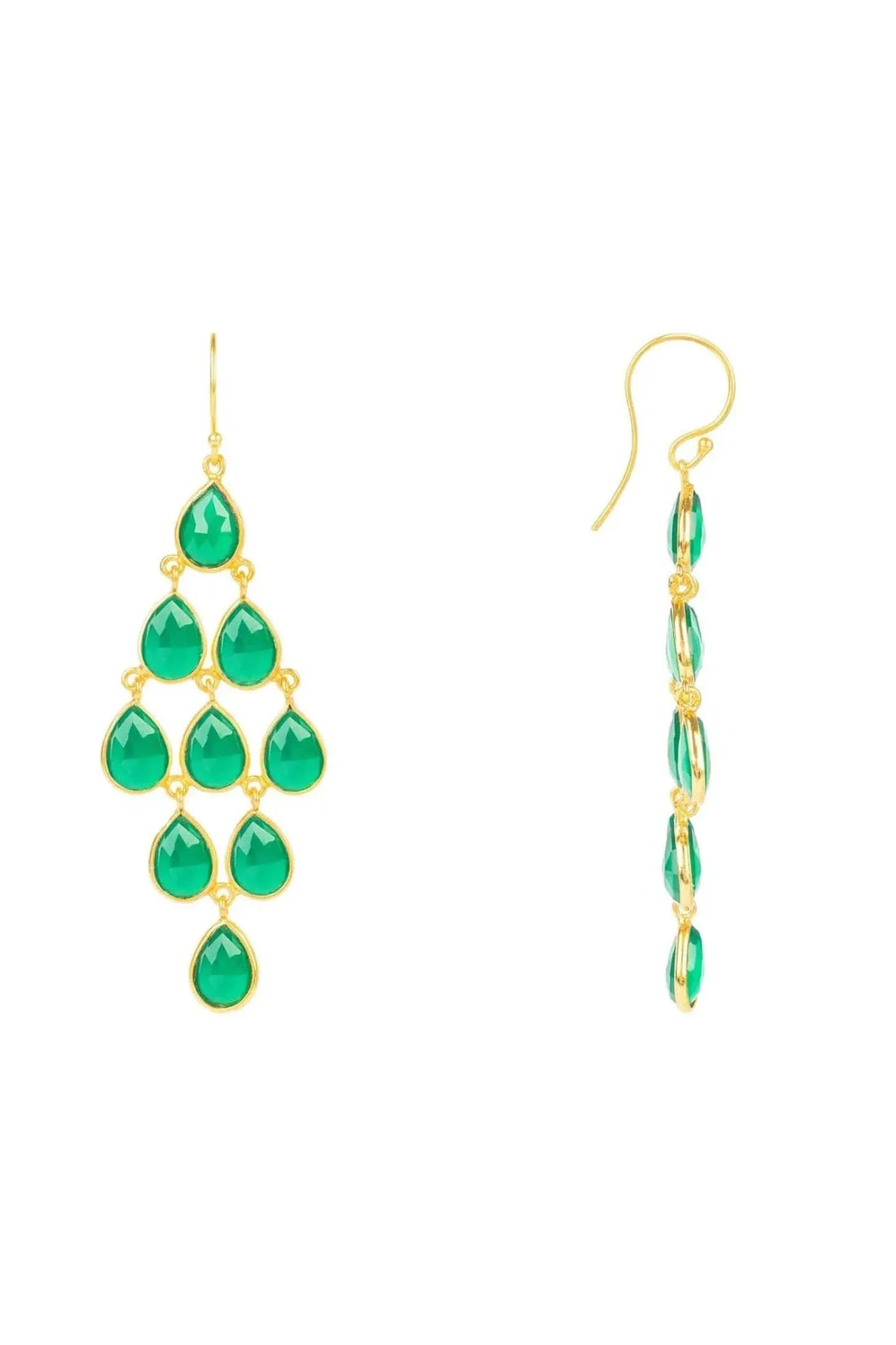 Gold-tone dangle earrings with green teardrop gemstone drops and fishhook backs