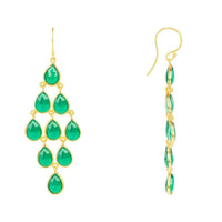 Gold-tone dangle earrings with green teardrop gemstone drops and fishhook backs