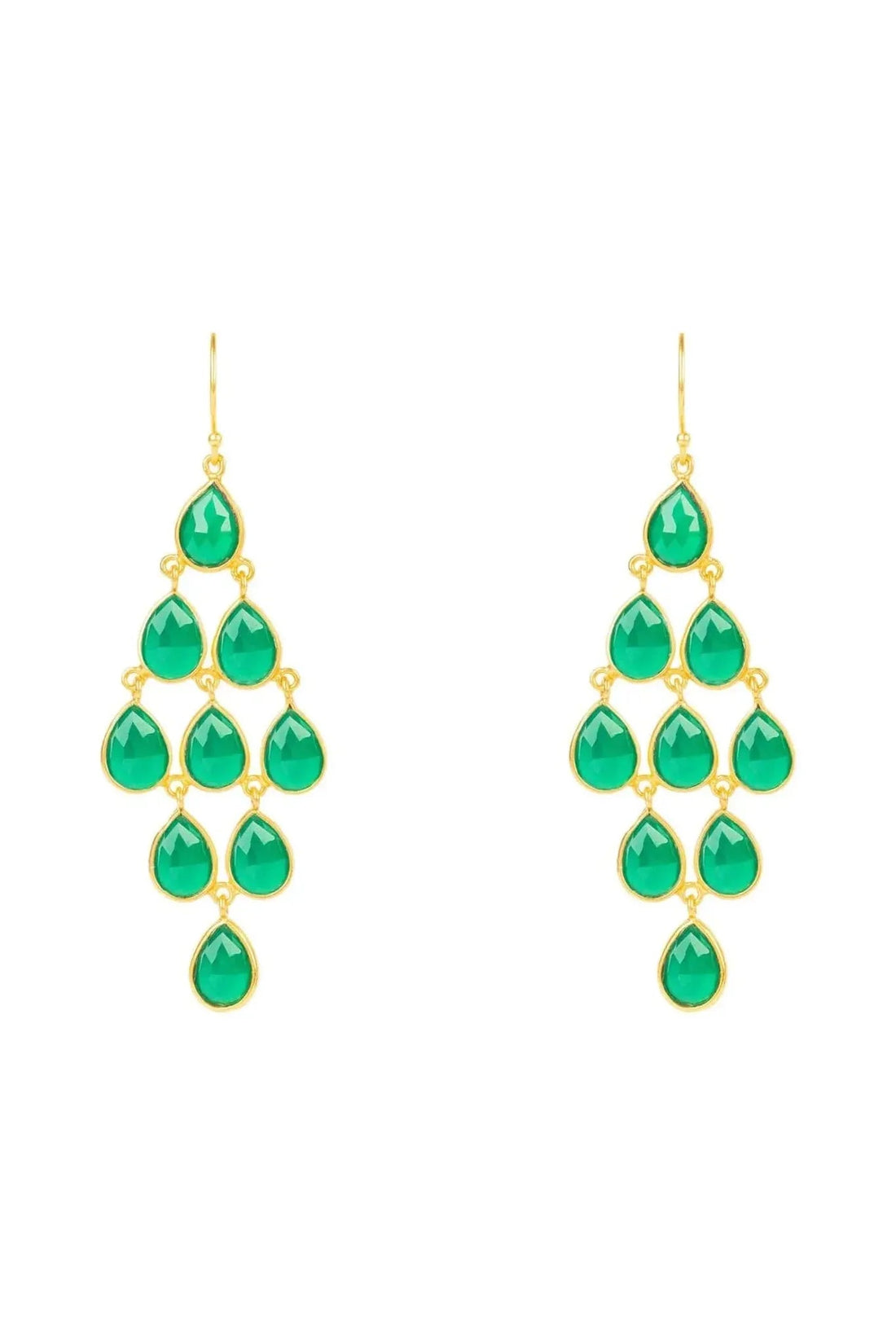 Gold-tone gemstone cascade earrings with green teardrop drops and hook backs