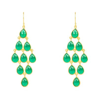 Gold-tone gemstone cascade earrings with green teardrop drops and hook backs