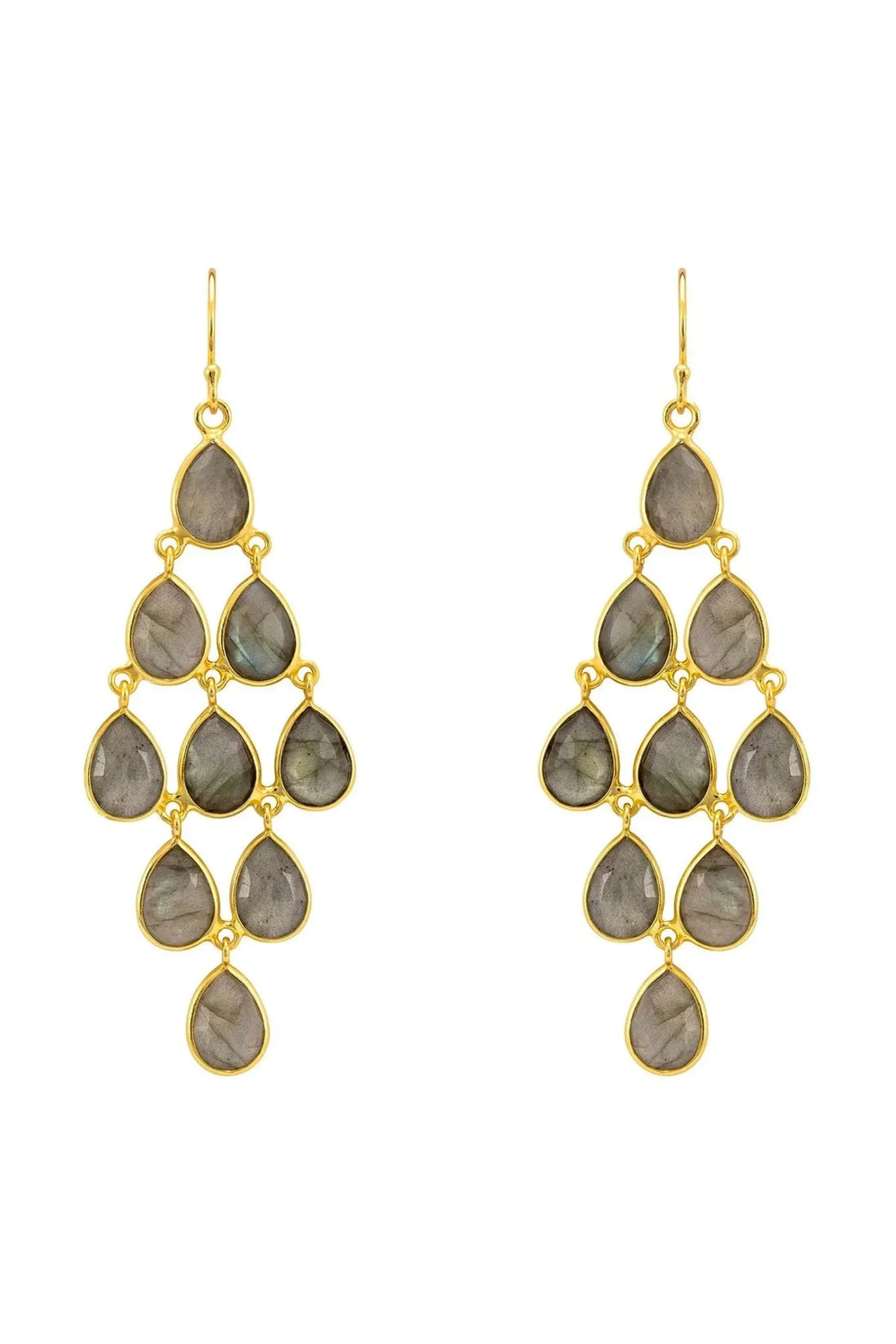 Pair of gold-tone labradorite drop earrings with teardrop stone clusters