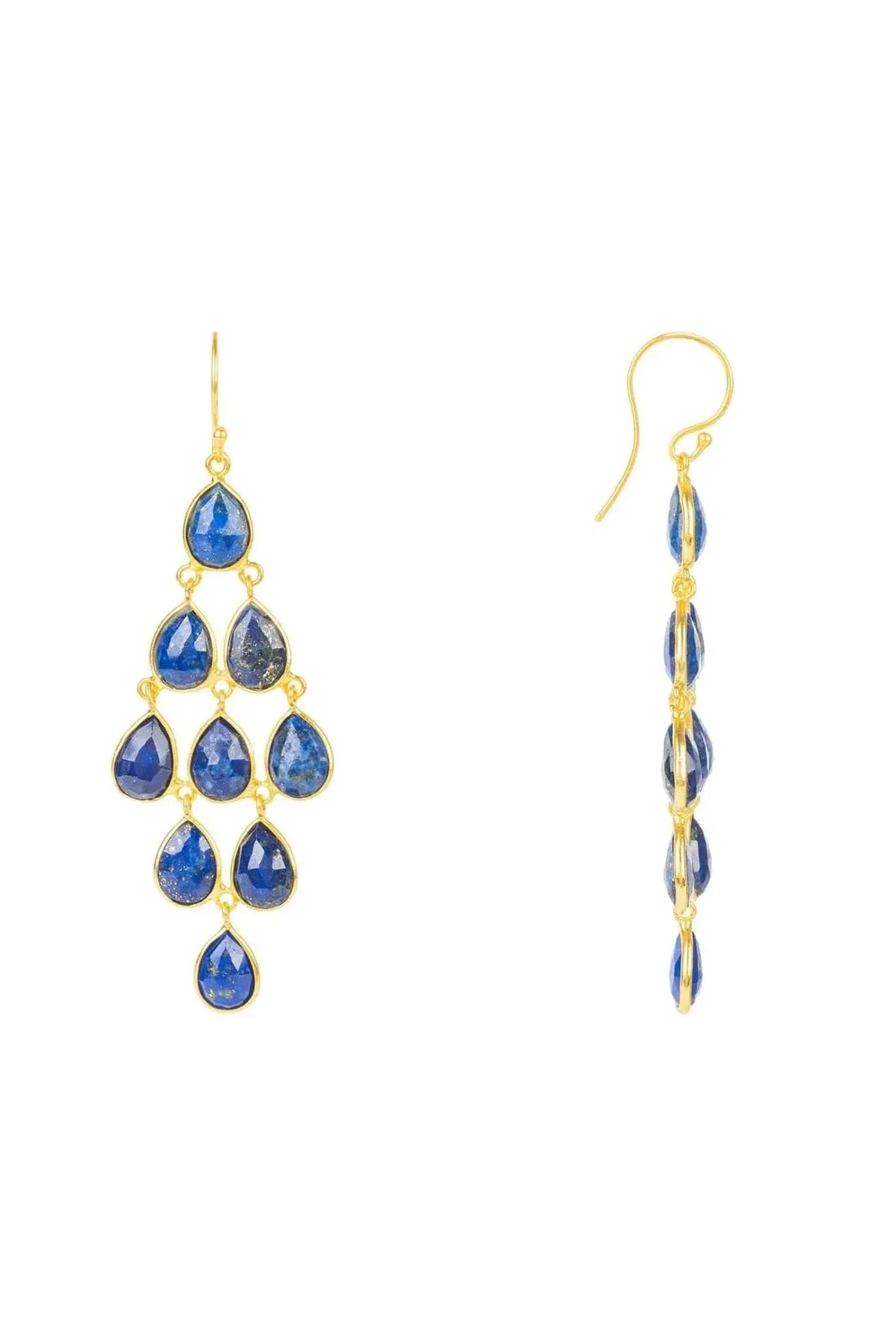 Gold-tone lapis blue teardrop cascade earrings, dangling drop profile