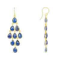 Gold-tone lapis blue teardrop cascade earrings, dangling drop profile
