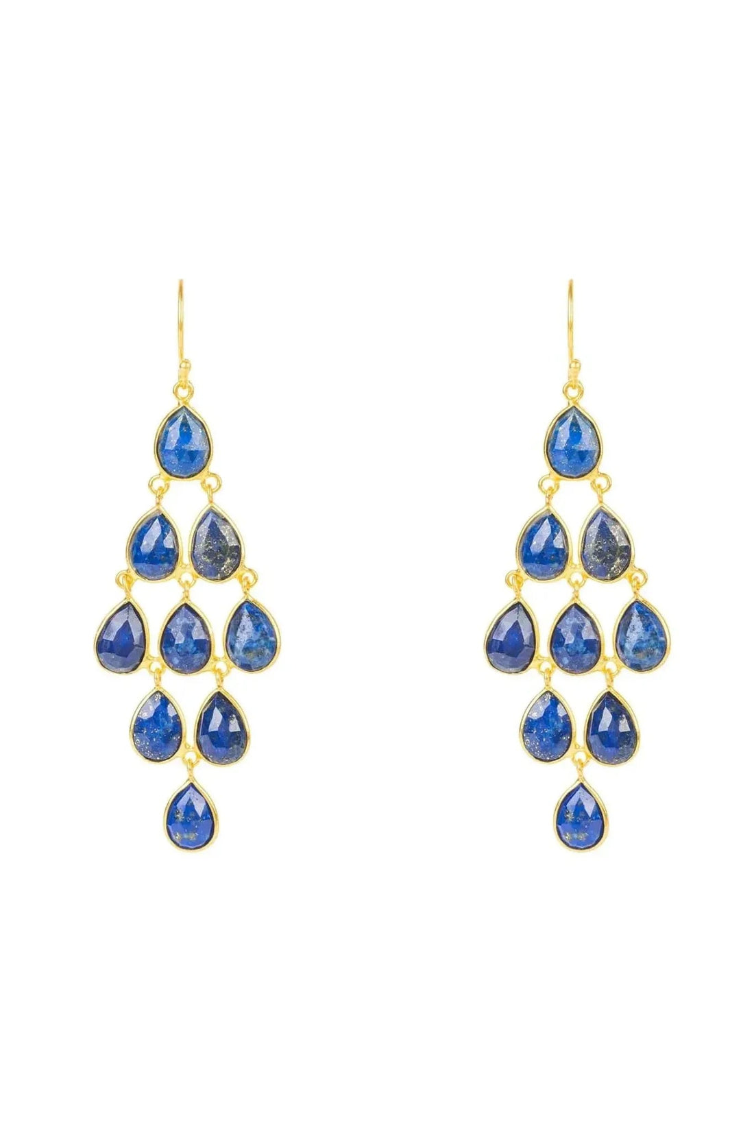 Gold-tone lapis blue gemstone cascade drop earrings, teardrop clusters