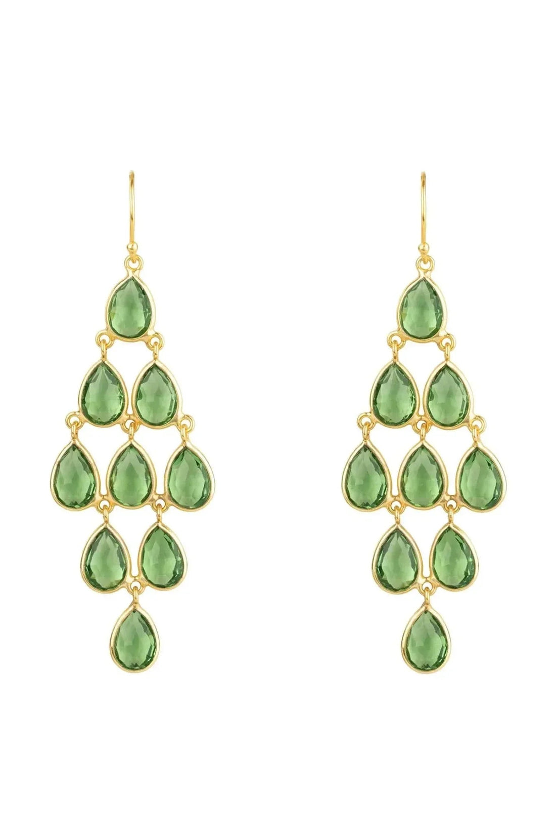 Gold peridot gemstone cascade drop earrings with teardrop green stones, dangle design
