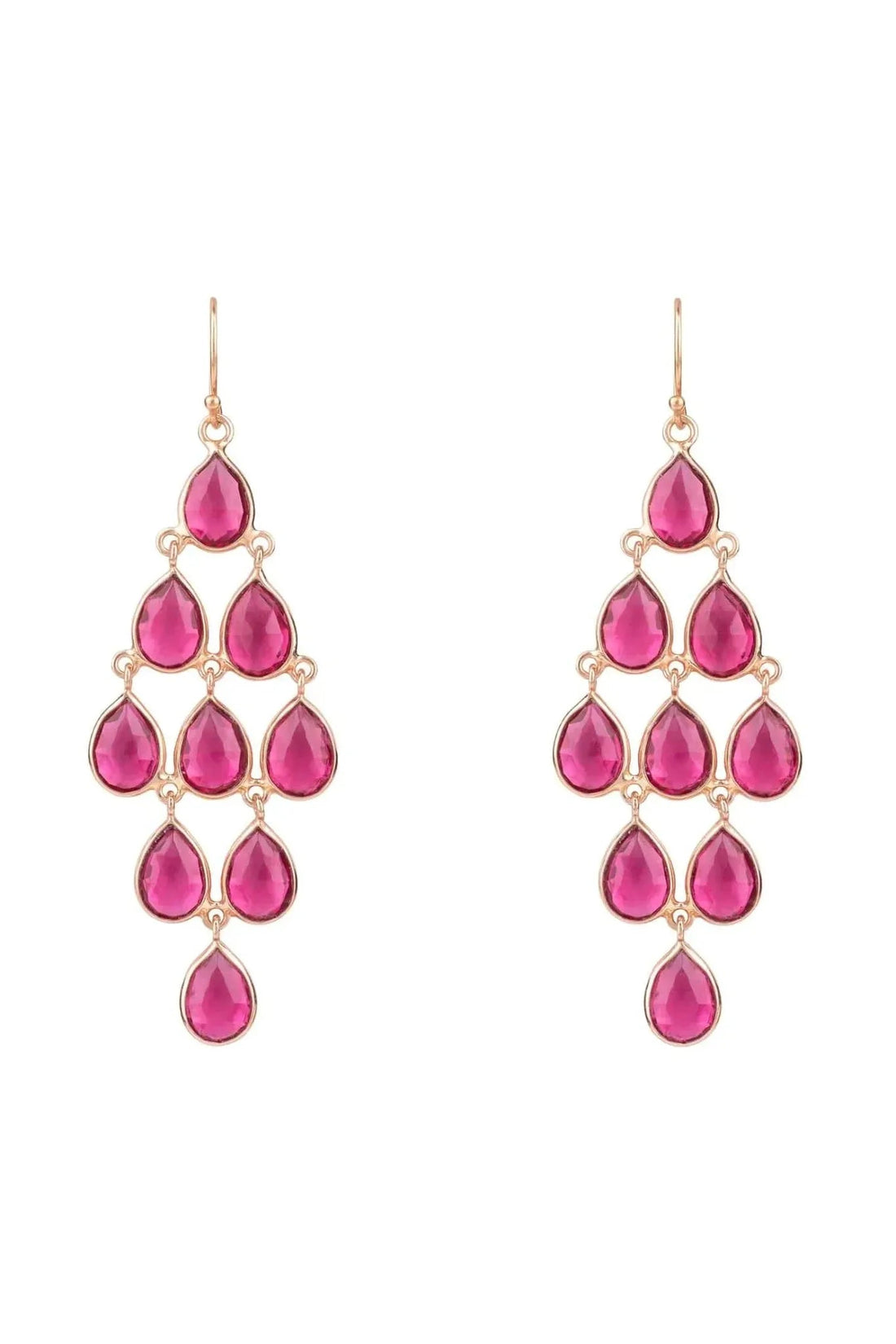 Rose gold cascade earrings with pink teardrop gemstones and dangling drops
