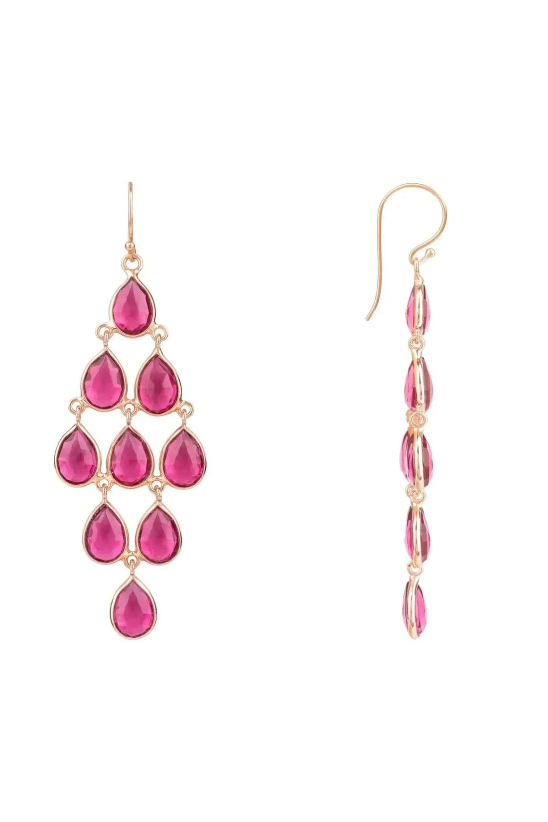Rose gold cascade earrings with pink teardrop gemstones, side view
