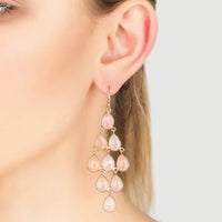 Rose quartz teardrop cascade earrings, rose gold tone, worn on ear