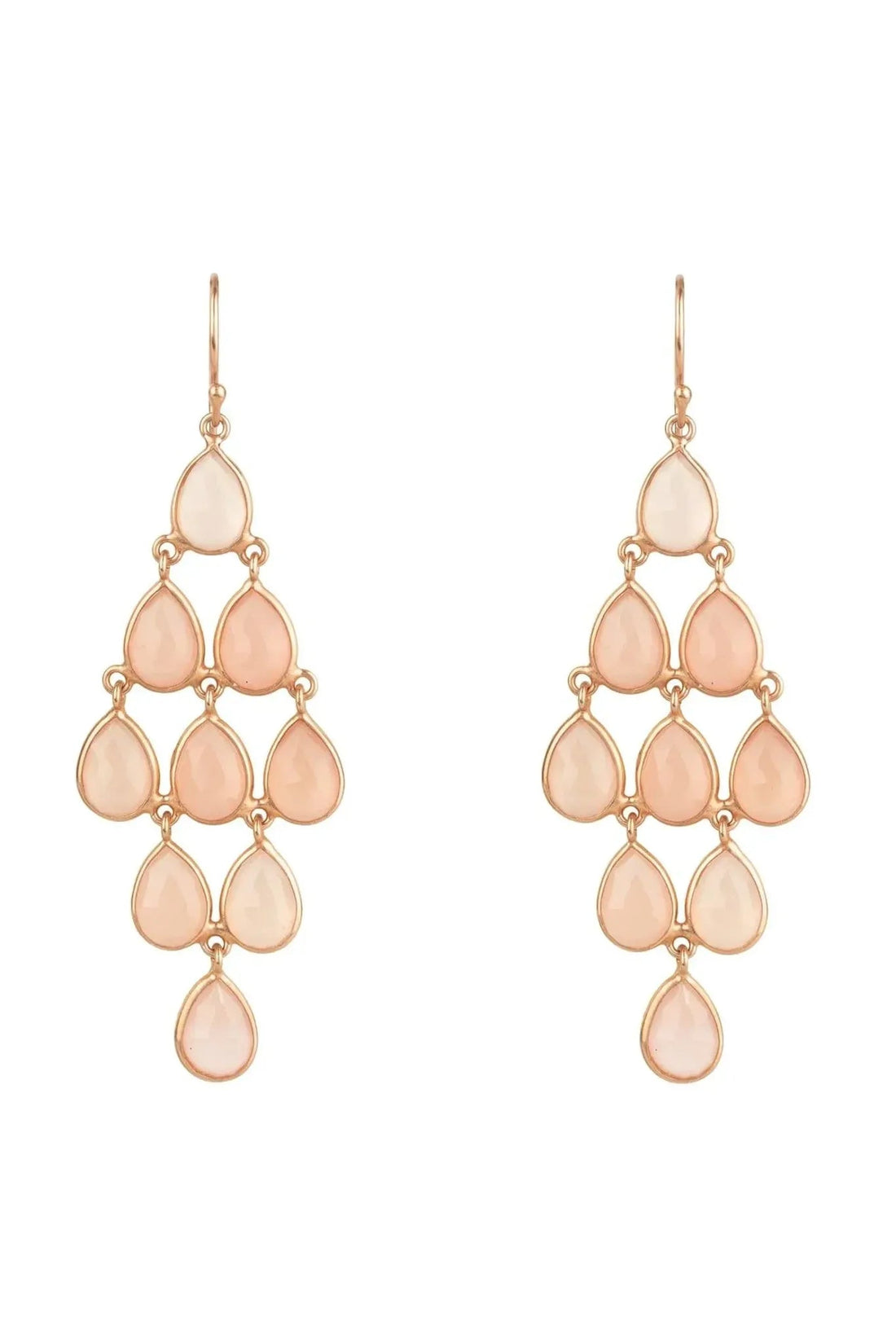 Rose quartz teardrop cascade earrings in rose gold tone, dangling cluster design