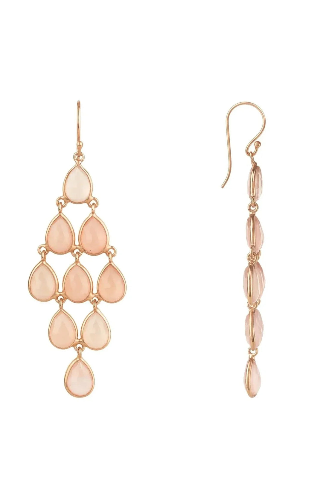 Rose quartz teardrop cascade earrings with rose gold tone hooks, side view