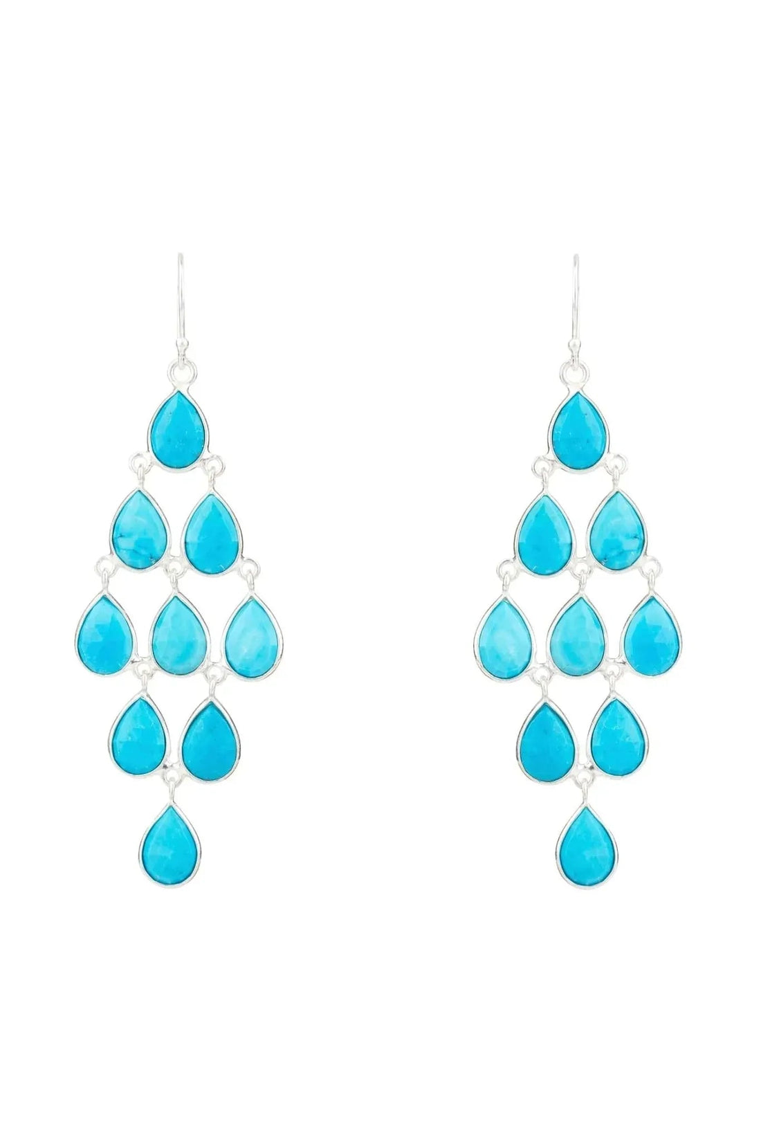 Silver-tone turquoise teardrop cascade earrings with dangling drops