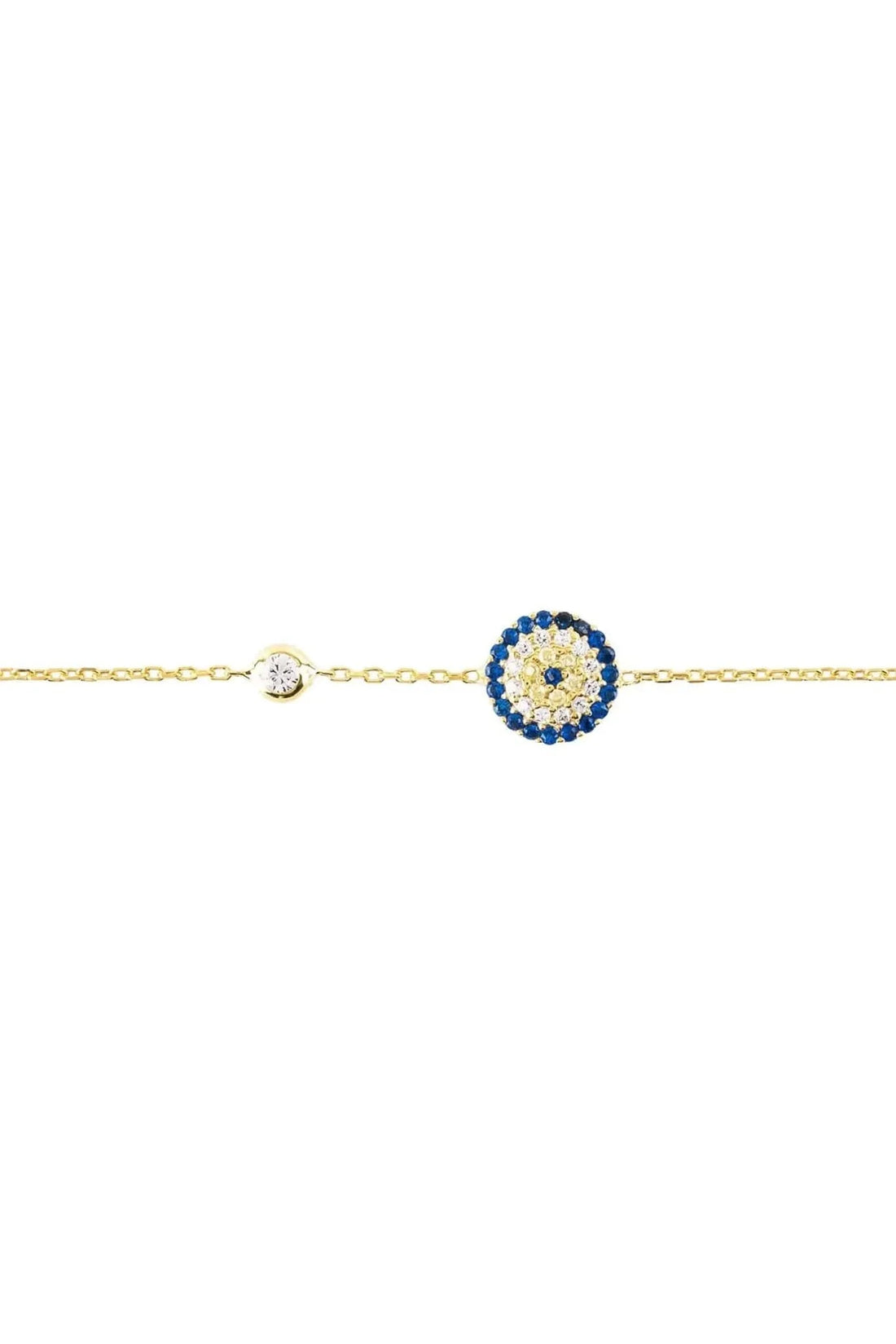 Gold evil eye bracelet with centered round blue eye charm