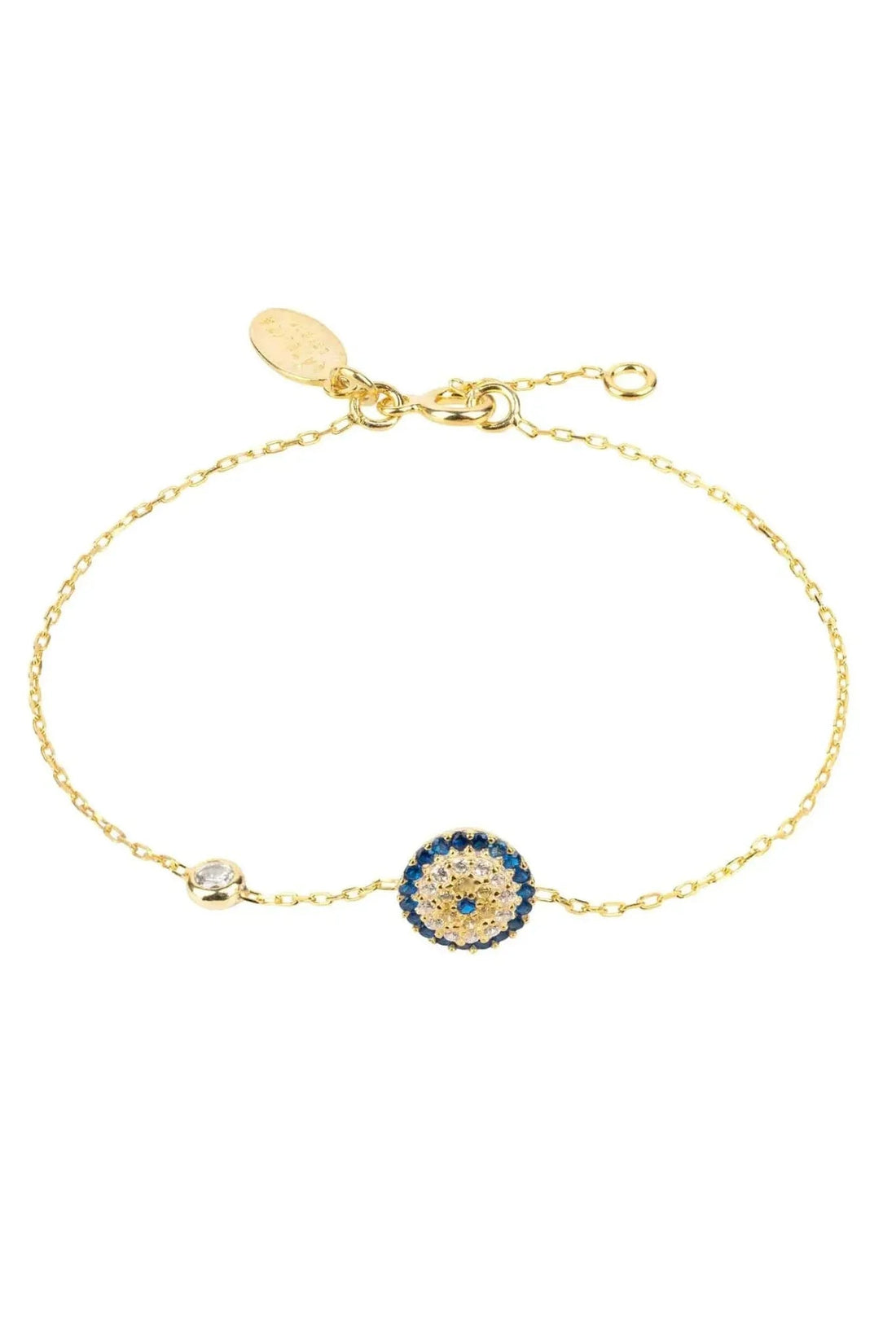 Gold evil eye bracelet with round blue beaded charm and link clasp