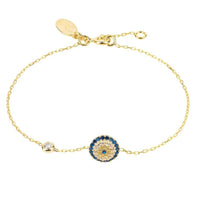 Gold evil eye bracelet with round blue beaded charm and link clasp