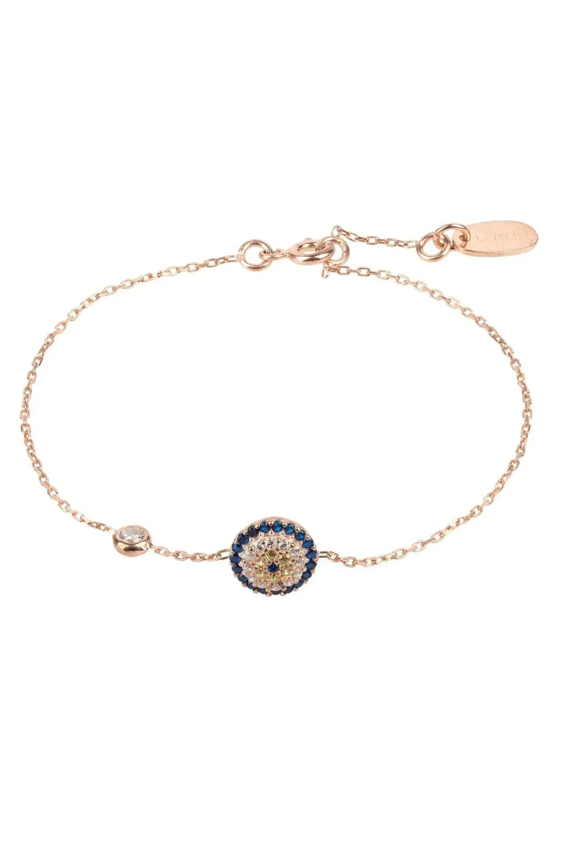 Rose gold evil eye bracelet with blue circular charm on a delicate chain
