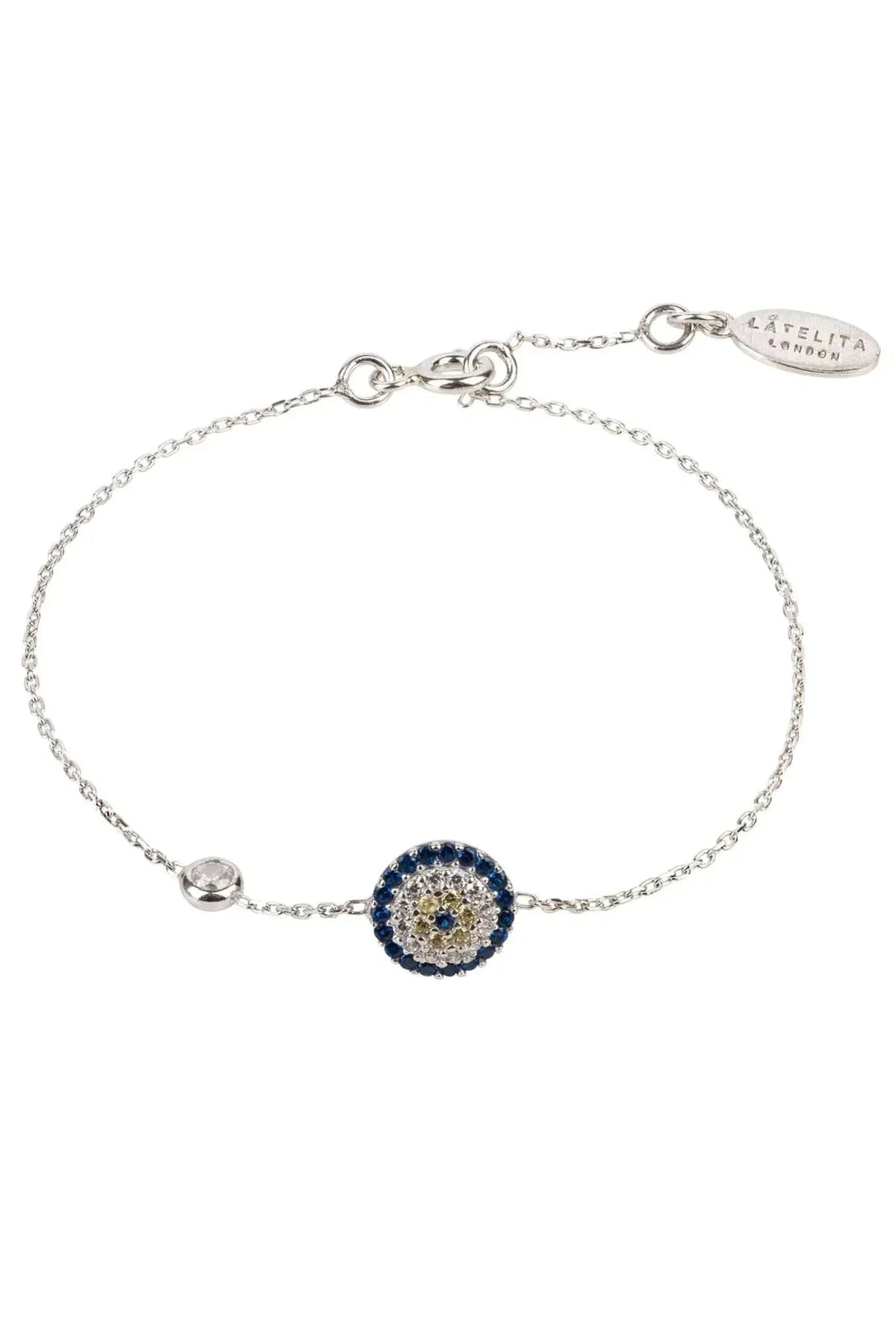 Silver evil eye charm bracelet with blue round bead center and chain extender