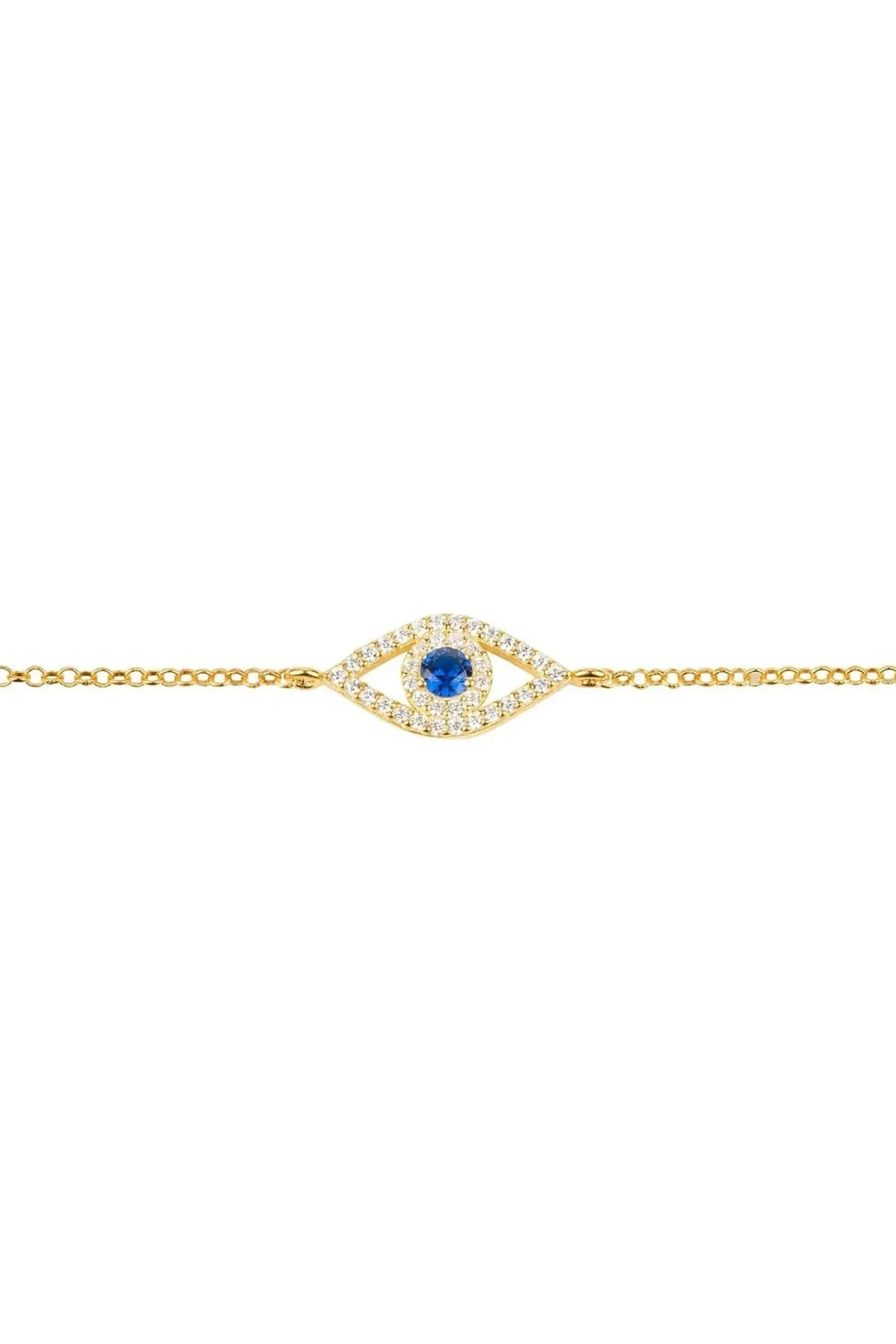 Gold-tone evil eye bracelet with blue center eye motif and clear sparkle stones