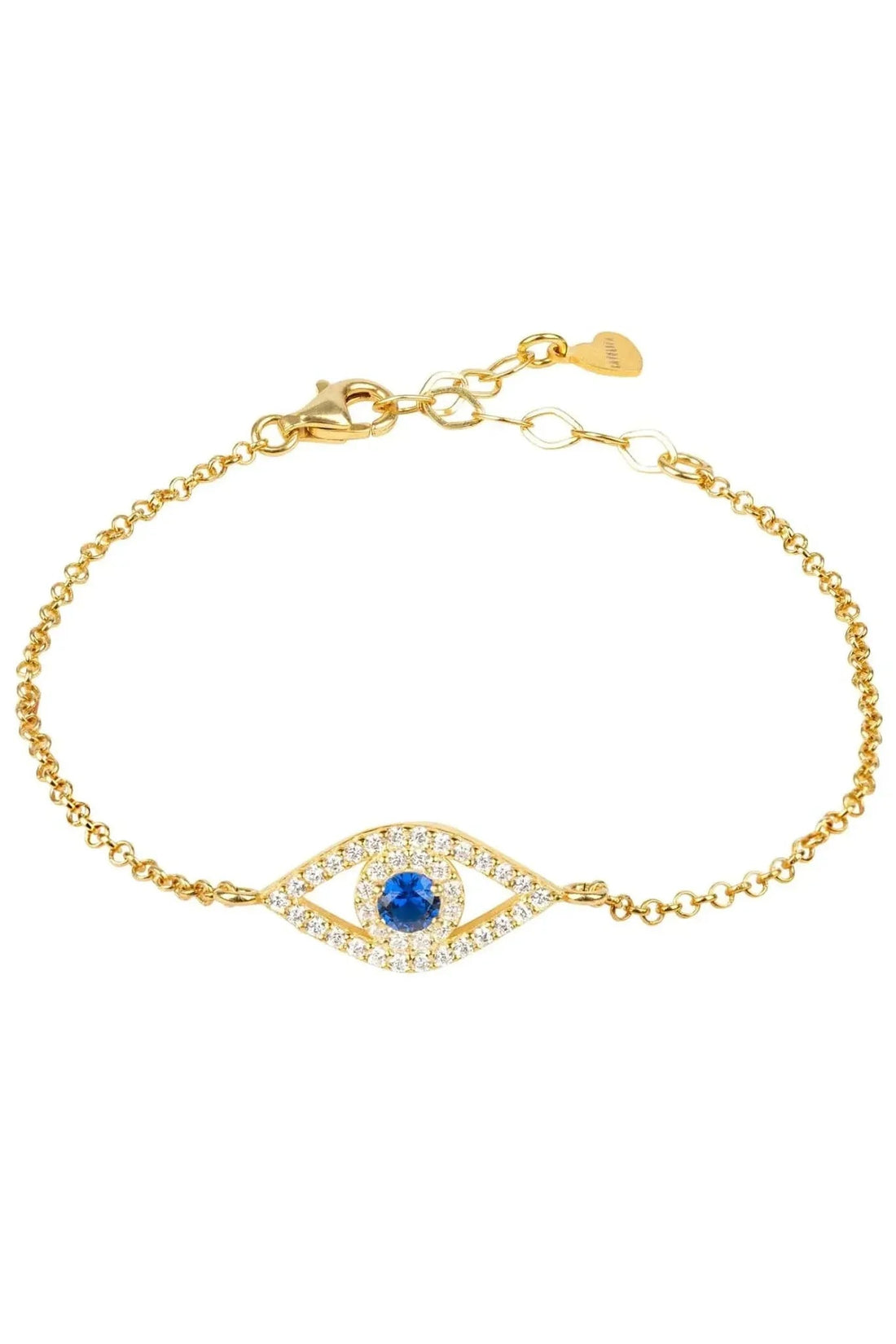 Gold-tone evil eye bracelet with blue oval center stone and clear sparkle accents
