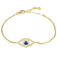 Gold-tone evil eye bracelet with blue oval center stone and clear sparkle accents