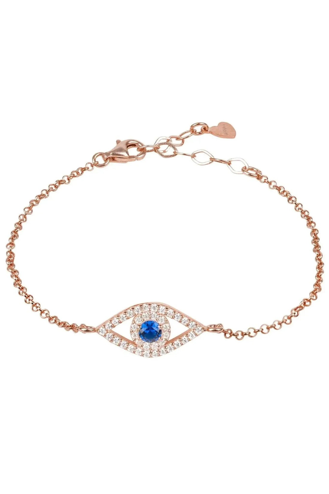 Rose-gold evil eye elliptical charm bracelet with blue center stone