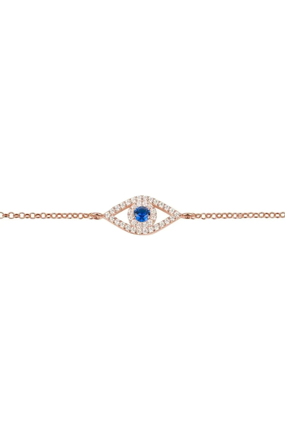 Rose-gold evil eye charm bracelet close-up with blue center stone accents