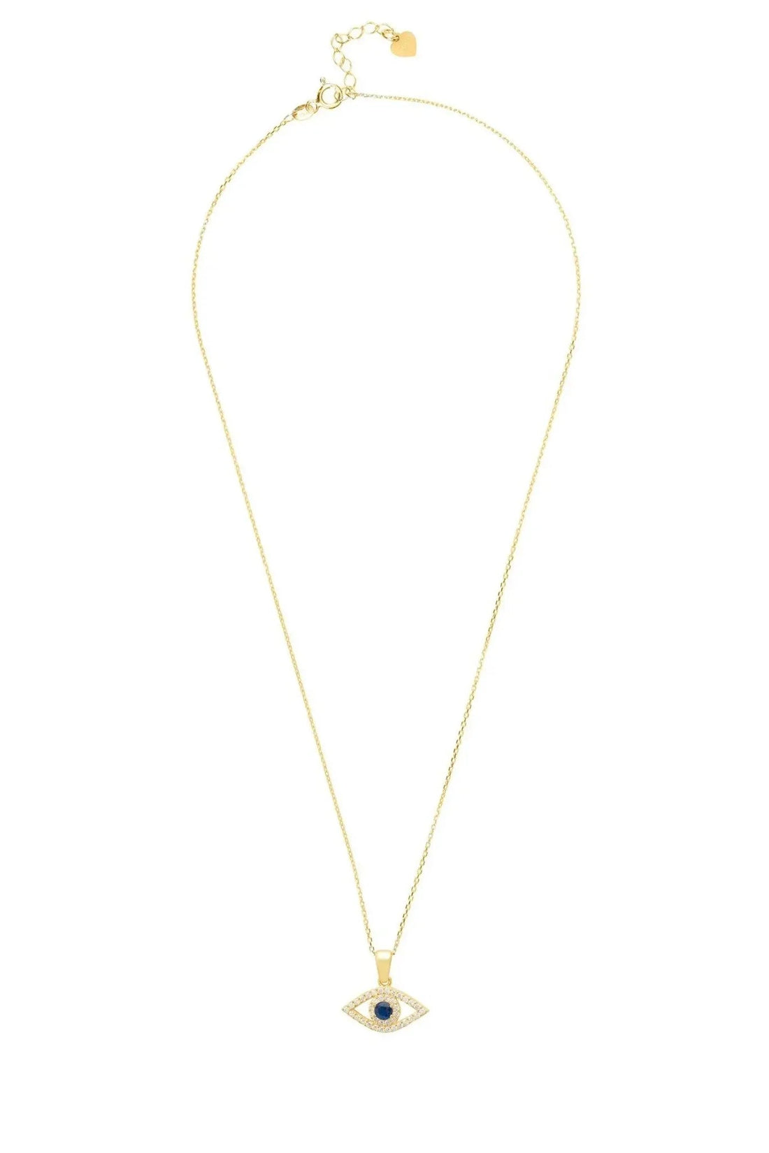 Gold-tone evil eye pendant necklace with blue eye at center on long chain