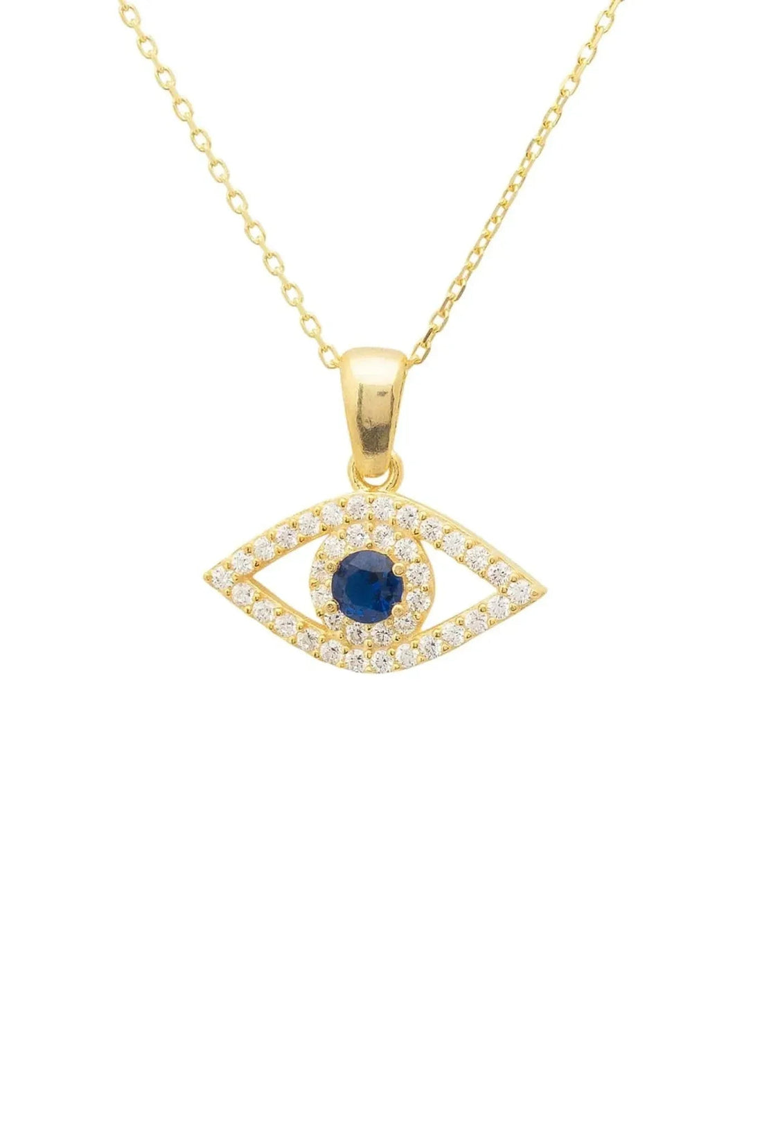 Gold necklace with evil eye pendant, blue center stone and clear pavé accents