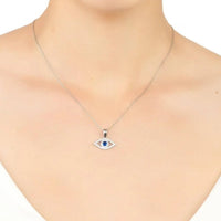 Silver evil-eye pendant necklace with blue center stone on chain.