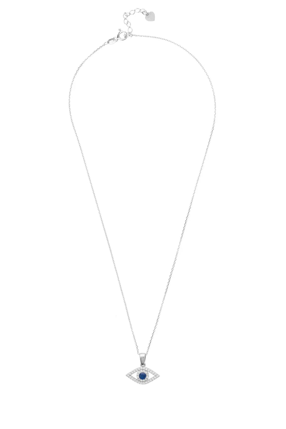 Silver evil-eye pendant necklace with blue eye on rhinestone set.