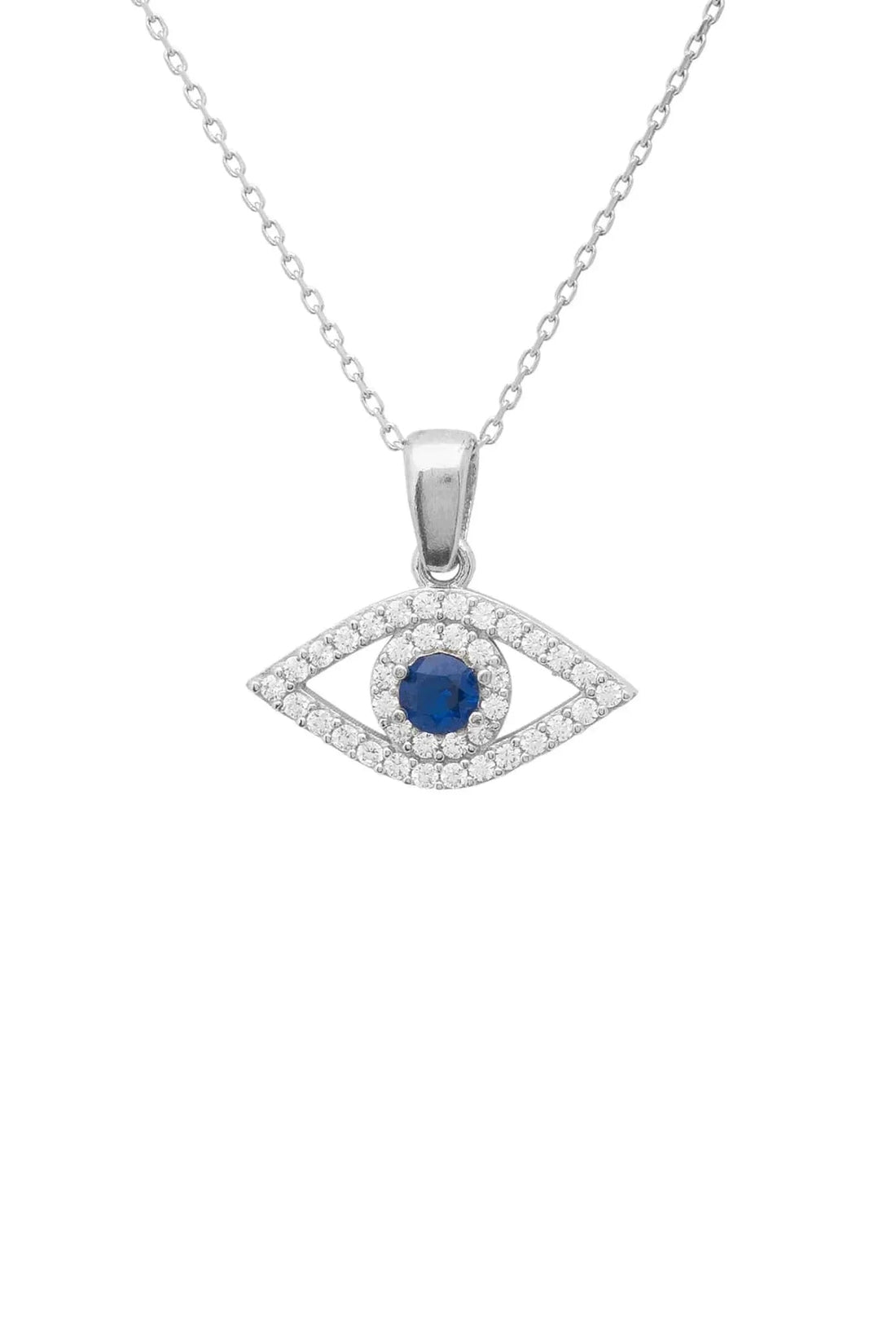 Silver evil-eye necklace with oval blue eye pendant and rhinestone border.