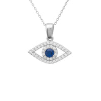 Silver evil-eye necklace with oval blue eye pendant and rhinestone border.