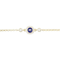 Gold evil-eye bracelet close-up with dark blue enamel eye and tiny clear beads