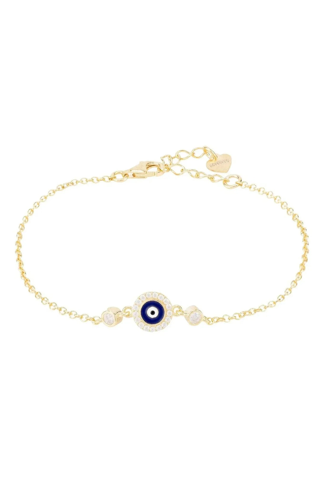 Gold evil-eye enamel bracelet with dark blue eye center and small clear accents