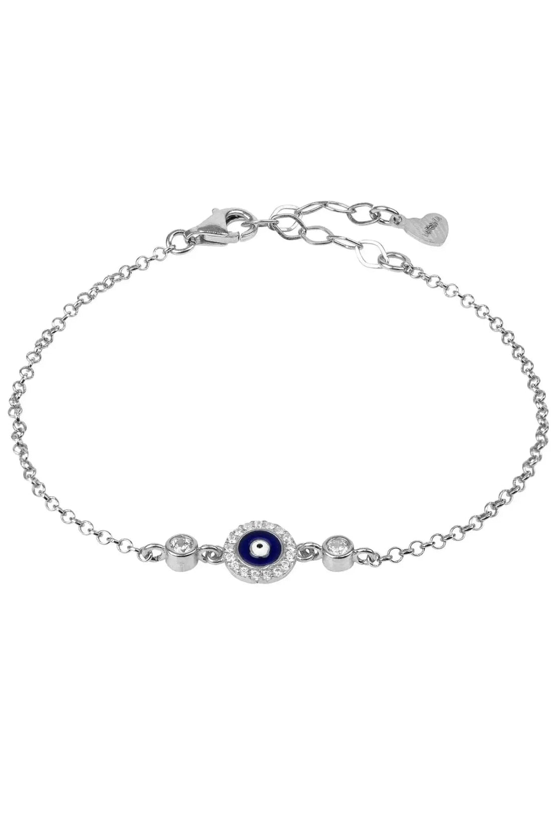 Silver chain evil eye enamel bracelet with dark blue round charm and small beads