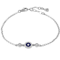 Silver chain evil eye enamel bracelet with dark blue round charm and small beads