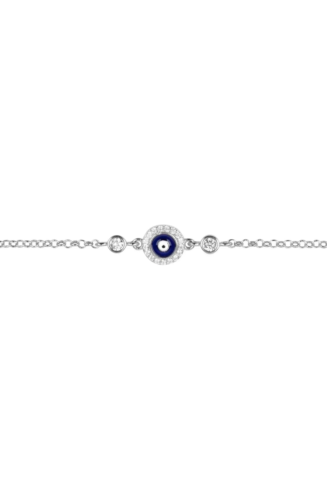 Silver evil eye charm bracelet close-up, dark blue enamel eye at center with beads