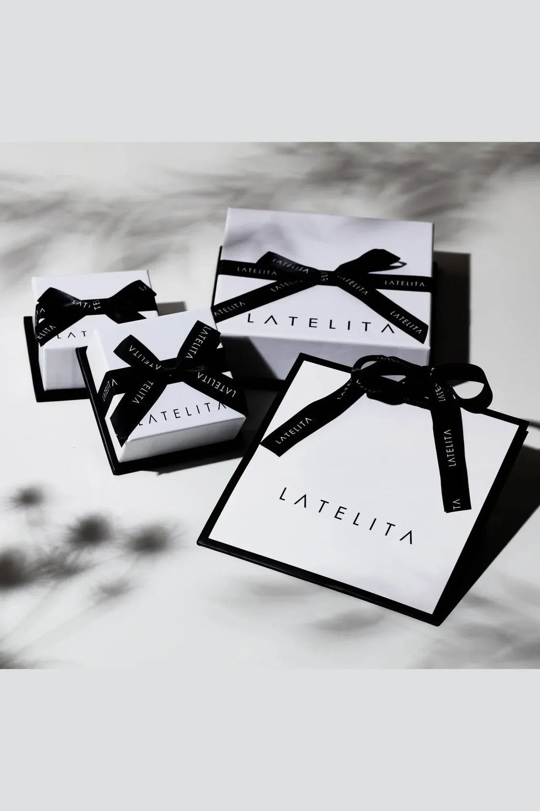 Gift box set with black ribbon bows for opalite evil-eye pendant necklace