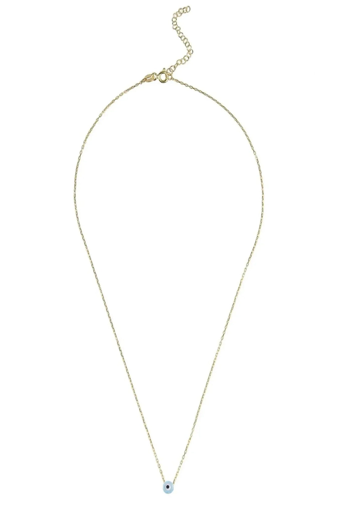 Gold evil-eye pendant necklace with small round blue opalite eye charm