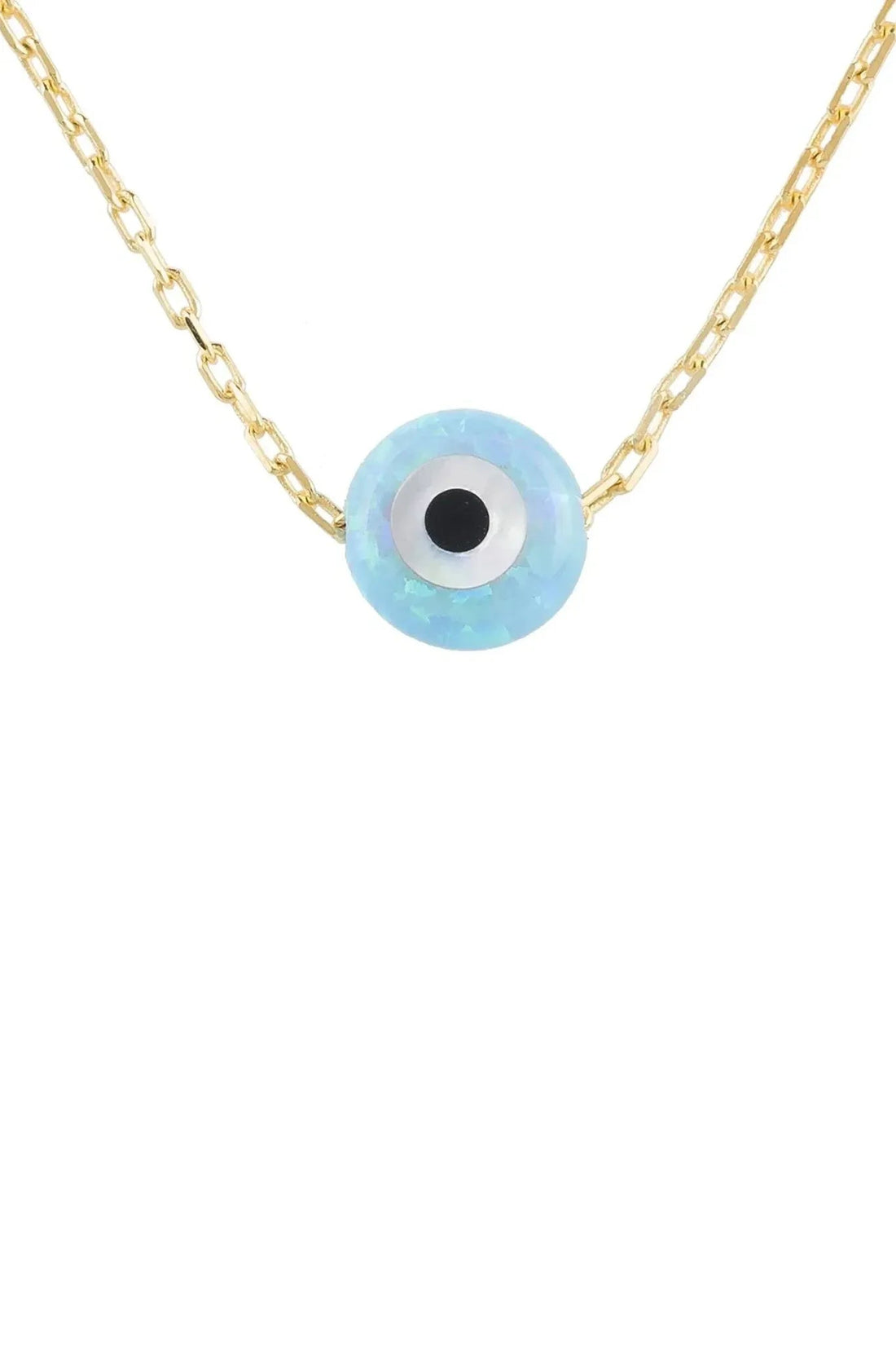 Gold chain necklace with round opalite evil-eye pendant, blue ring and black center