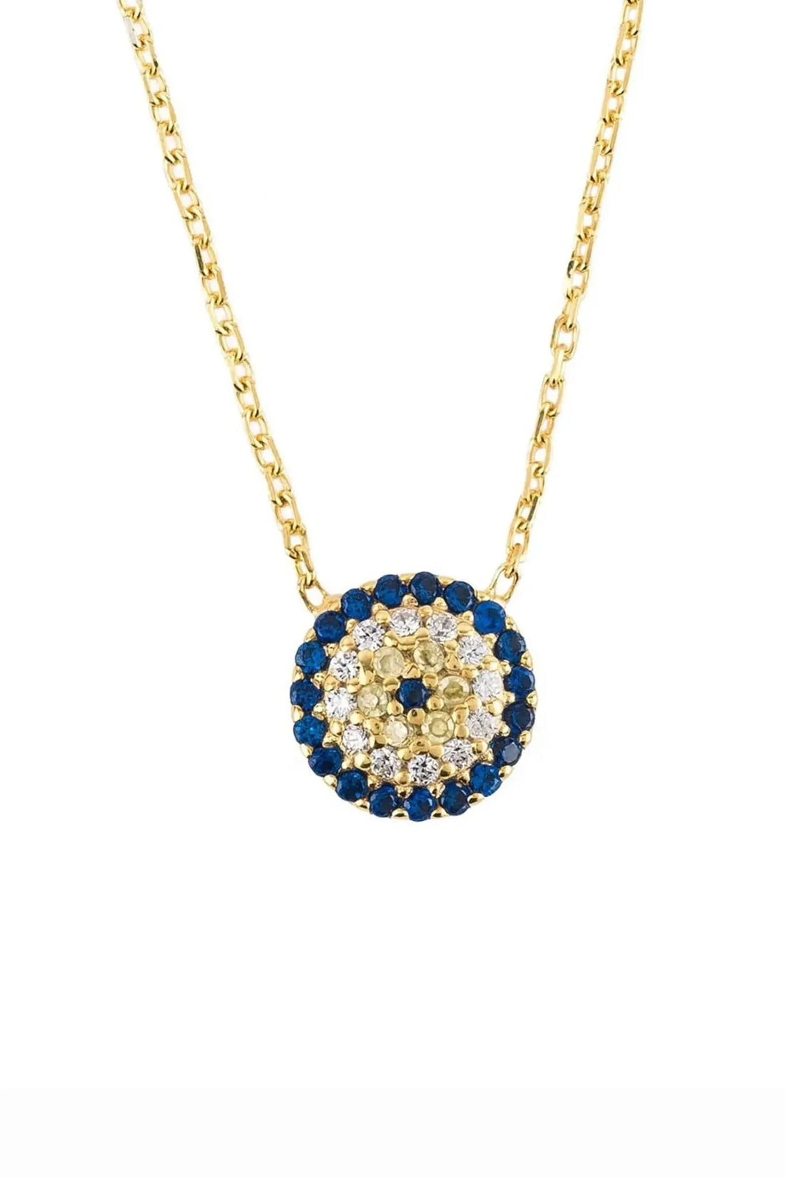 Gold evil eye pendant necklace with blue and clear jeweled circular charm